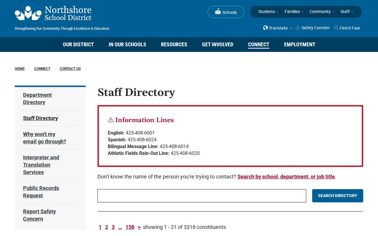Kenmore people directories page showing the Northshore School District staff keyword directory
